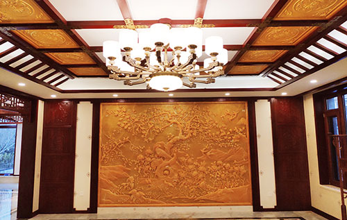 马鞍山中式别墅客厅中式木作横梁吊顶装饰展示